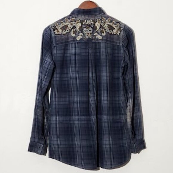 Free People Stevie's Embellished Blue Gray S Plaid Button Down Flannel Pockets - Picture 4 of 5
